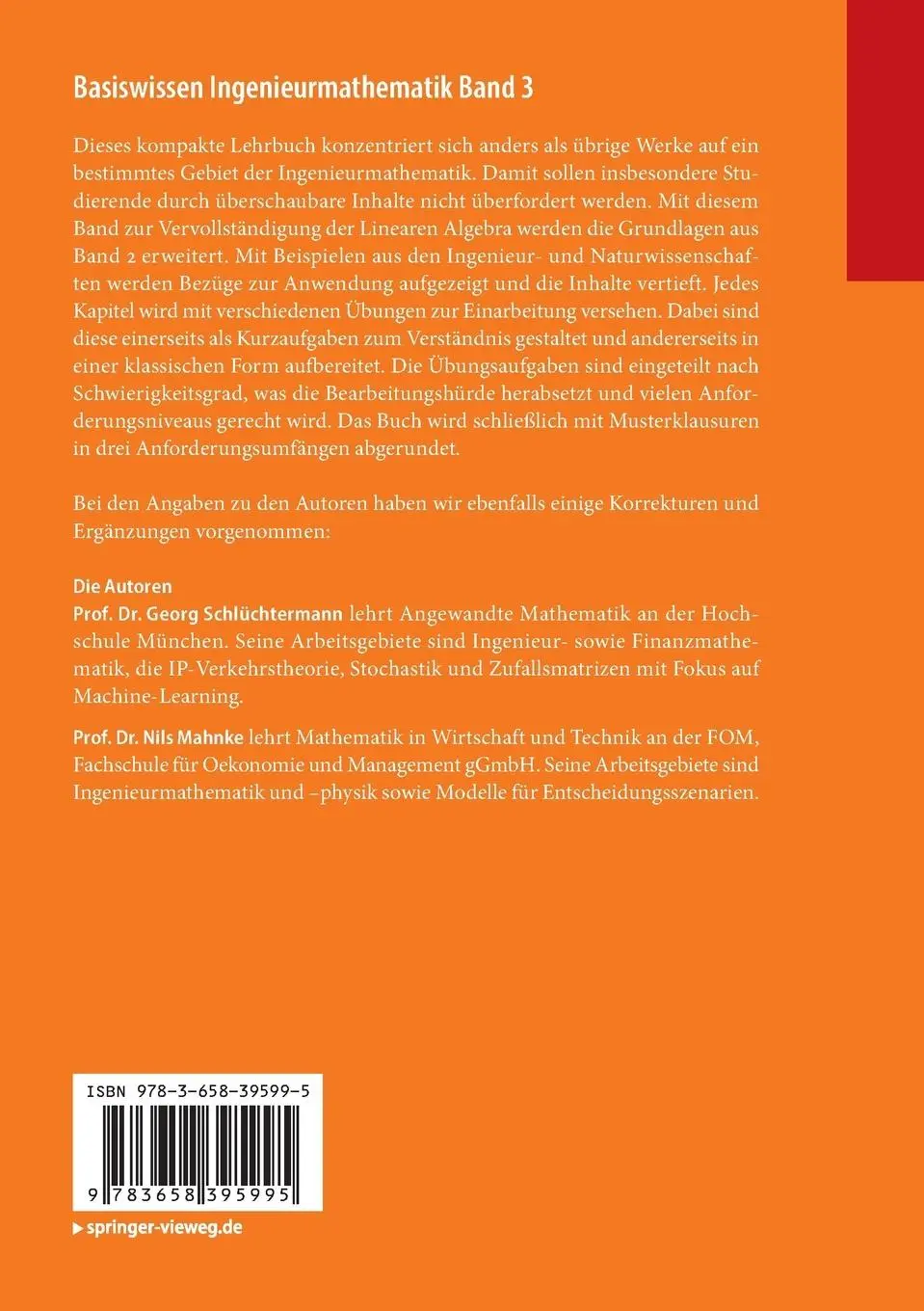 Rückseite: 9783658395995 | Basiswissen Ingenieurmathematik Band 3 | Georg Schlüchtermann (u. a.)