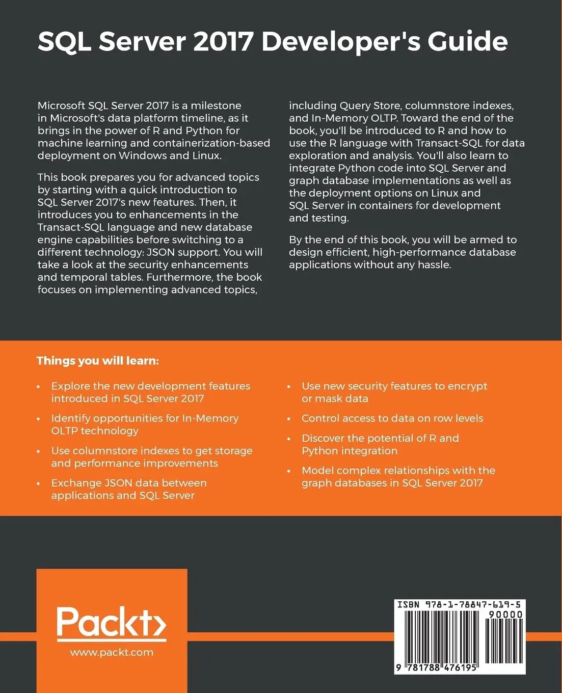 Rückseite: 9781788476195 | SQL Server 2017 Developer???s Guide | Dejan Sarka (u. a.) | Buch