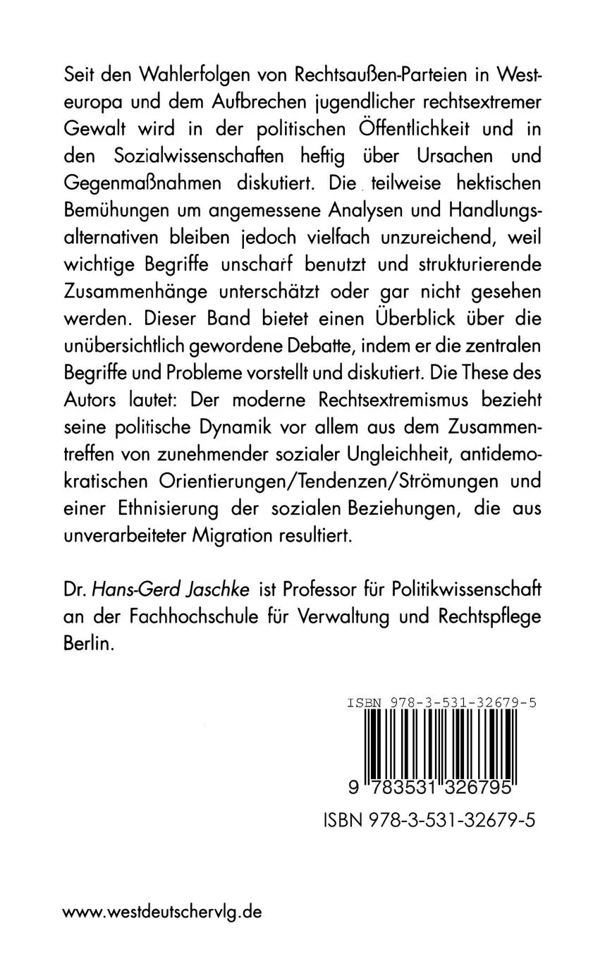 Rückseite: 9783531326795 | Rechtsextremismus und Fremdenfeindlichkeit | Hans-Gerd Jaschke | Buch