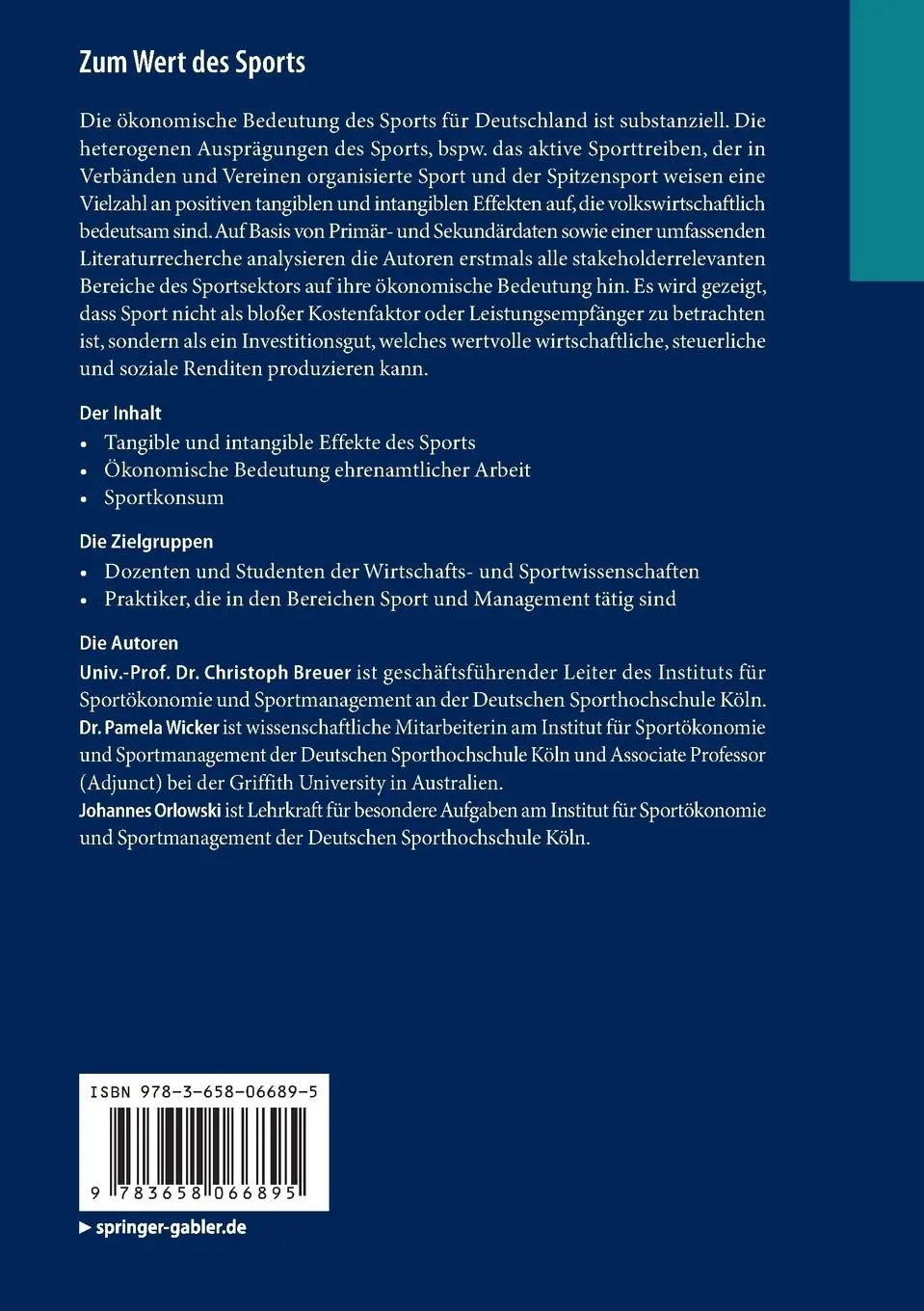 Rückseite: 9783658066895 | Zum Wert des Sports | Eine ökonomische Betrachtung | Breuer (u. a.)