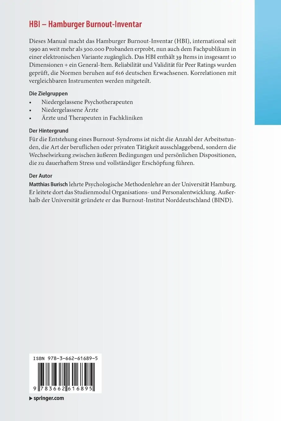 Rückseite: 9783662616895 | HBI - Hamburger Burnout-Inventar | Manual | Matthias Burisch | Buch