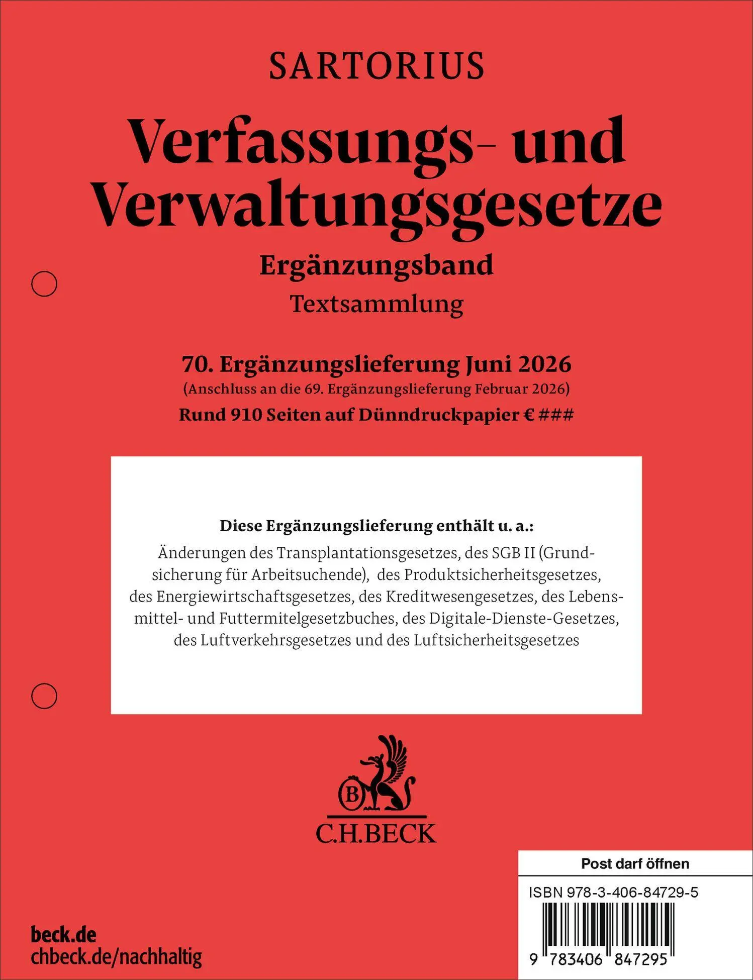Verfassungs- und Verwaltungsgesetze. Ergänzungsband 70. Ergänzungslieferung