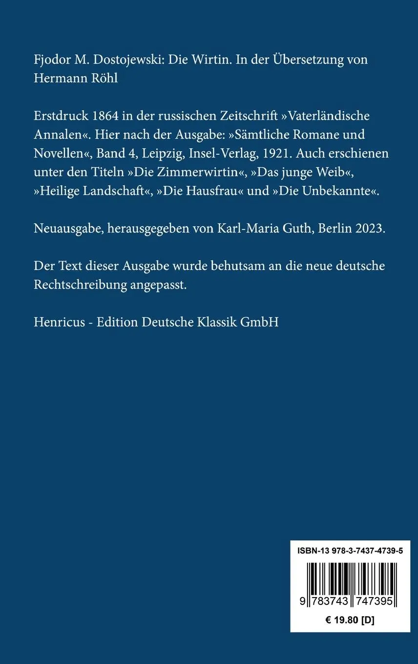 Rückseite: 9783743747395 | Die Wirtin | In der Übersetzung von Hermann Röhl | Dostojewski | Buch