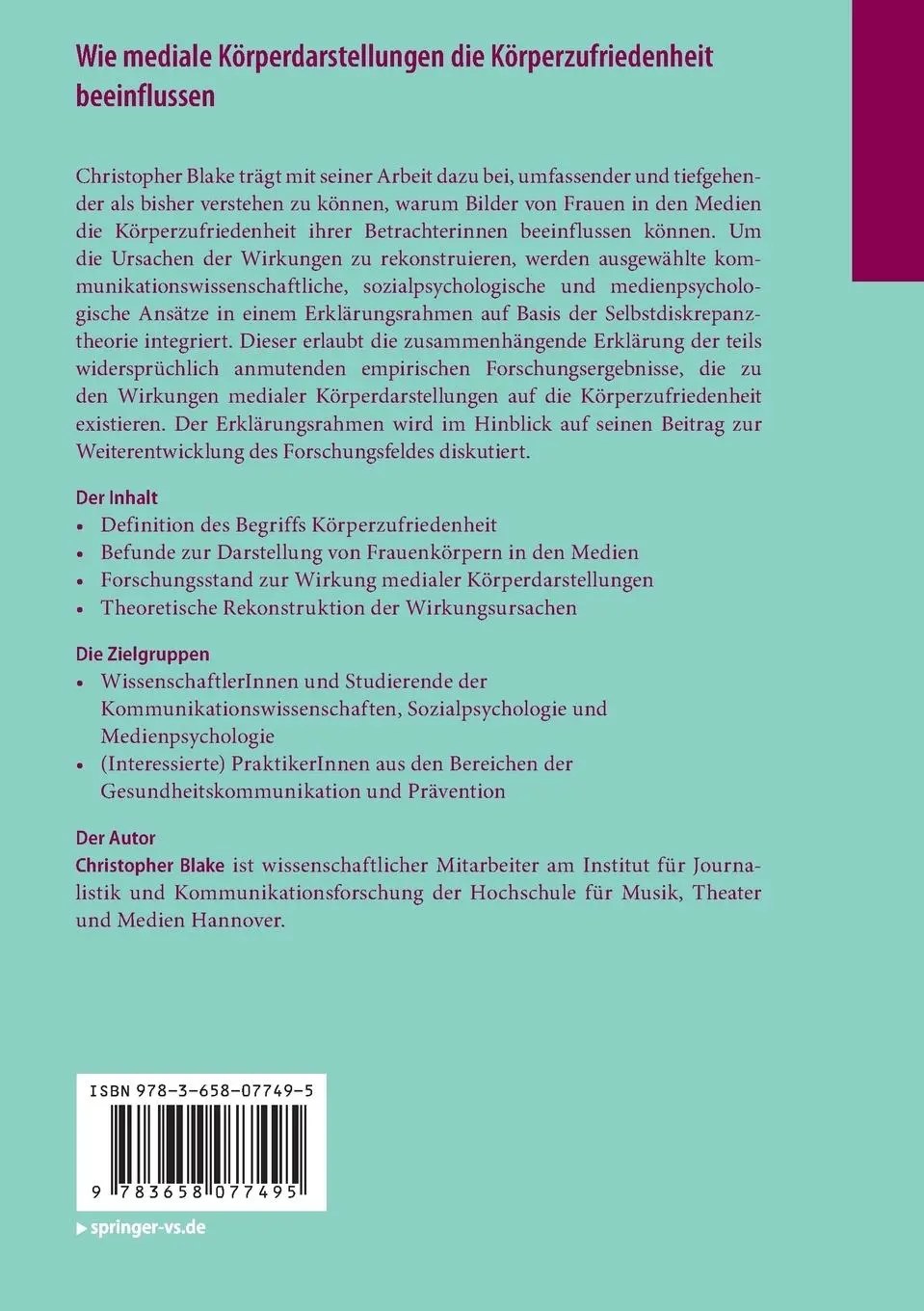 Rückseite: 9783658077495 | Wie mediale Körperdarstellungen die Körperzufriedenheit beeinflussen