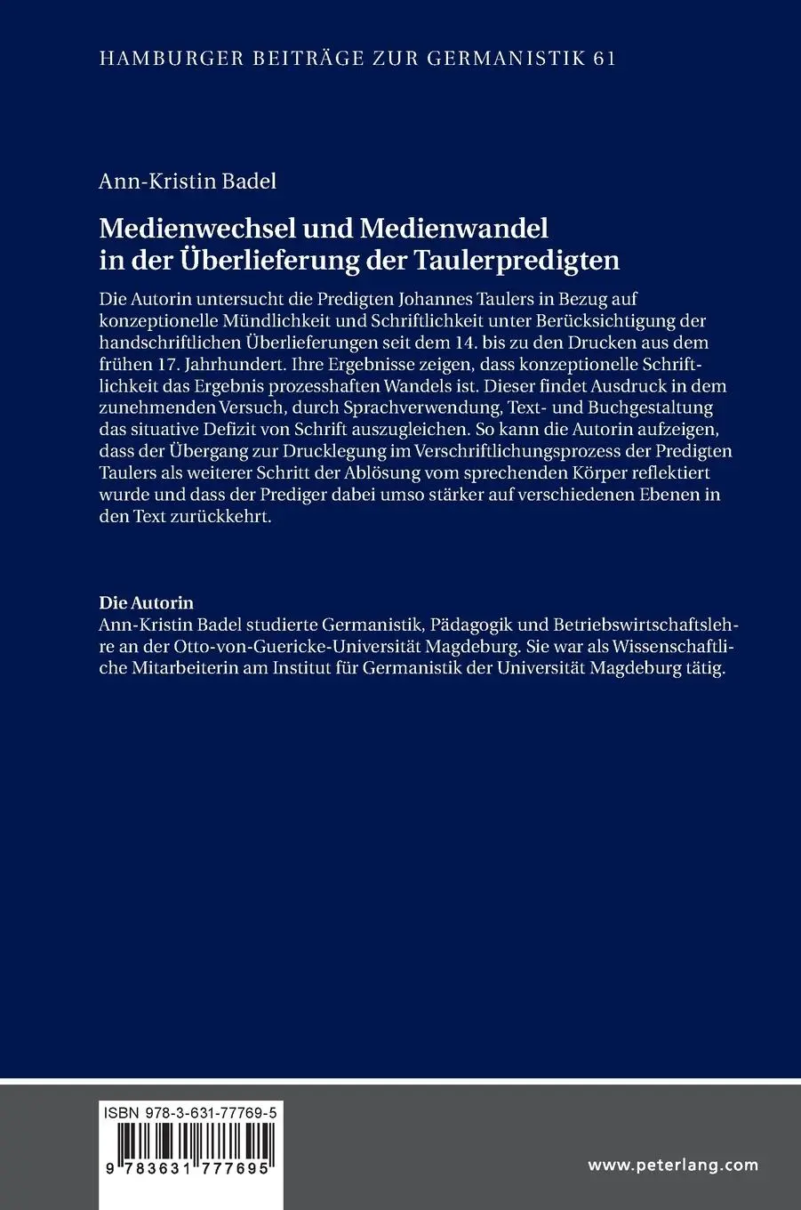 Rückseite: 9783631777695 | Medienwechsel und Medienwandel in der Überlieferung der...