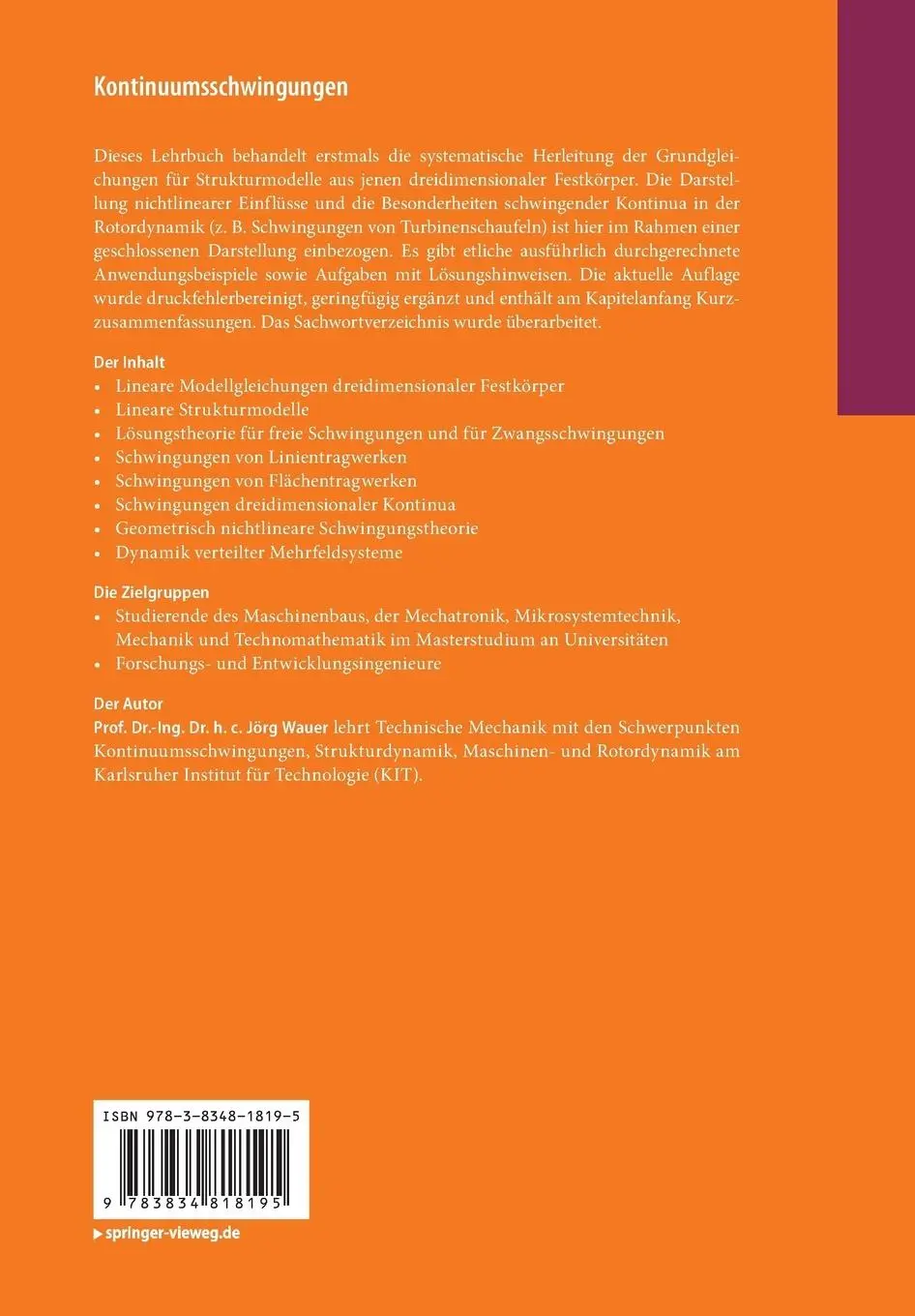 Rückseite: 9783834818195 | Kontinuumsschwingungen | Jörg Wauer | Taschenbuch | xiii | Deutsch