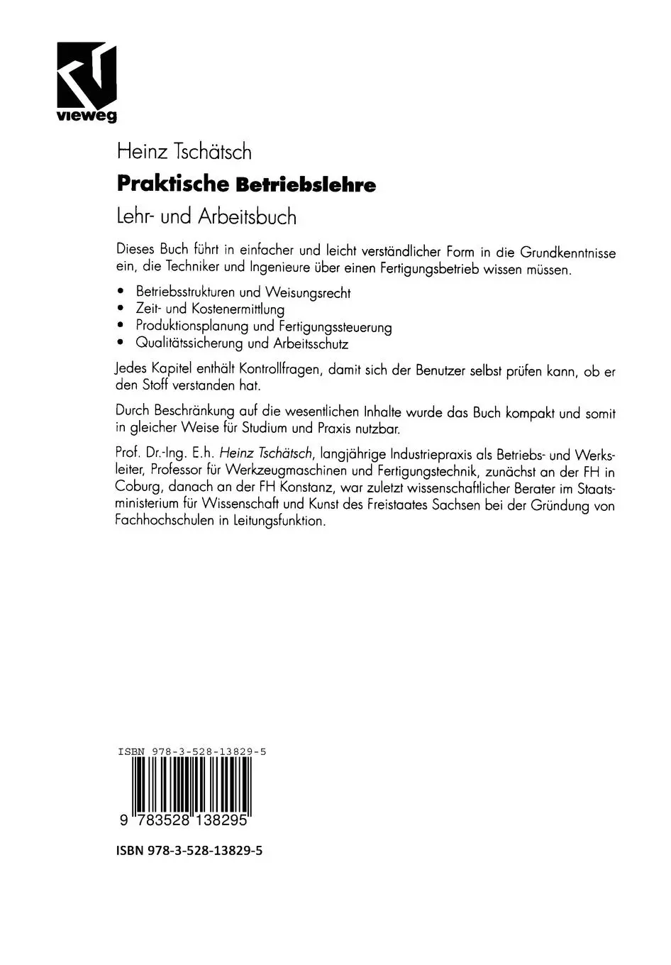 Rückseite: 9783528138295 | Praktische Betriebslehre | Lehr- und Arbeitsbuch | Heinz Tschätsch