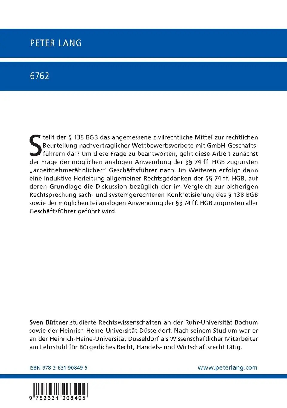 Rückseite: 9783631908495 | Nachvertragliches Wettbewerbsverbot des GmbH-Geschäftsführers | Buch