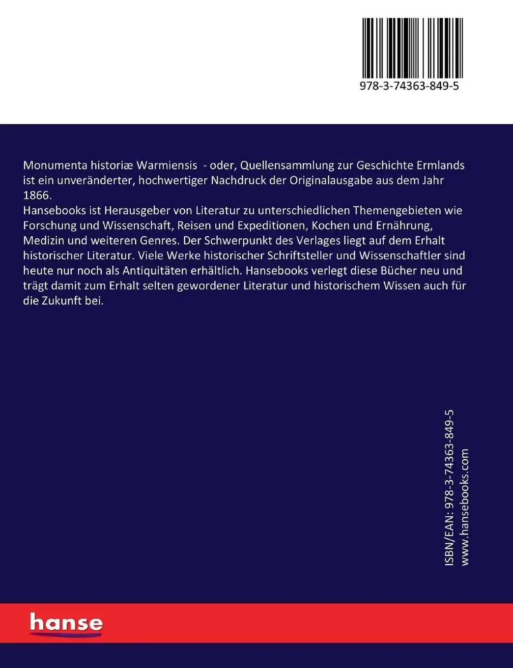 Rückseite: 9783743638495 | Monumenta historiæ Warmiensis | Anonymous | Taschenbuch | 508 S.