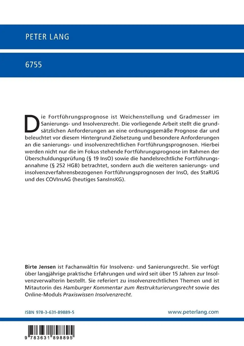 Rückseite: 9783631898895 | Fortführungsprognosen im Insolvenzrecht und in Insolvenznähe | Jensen