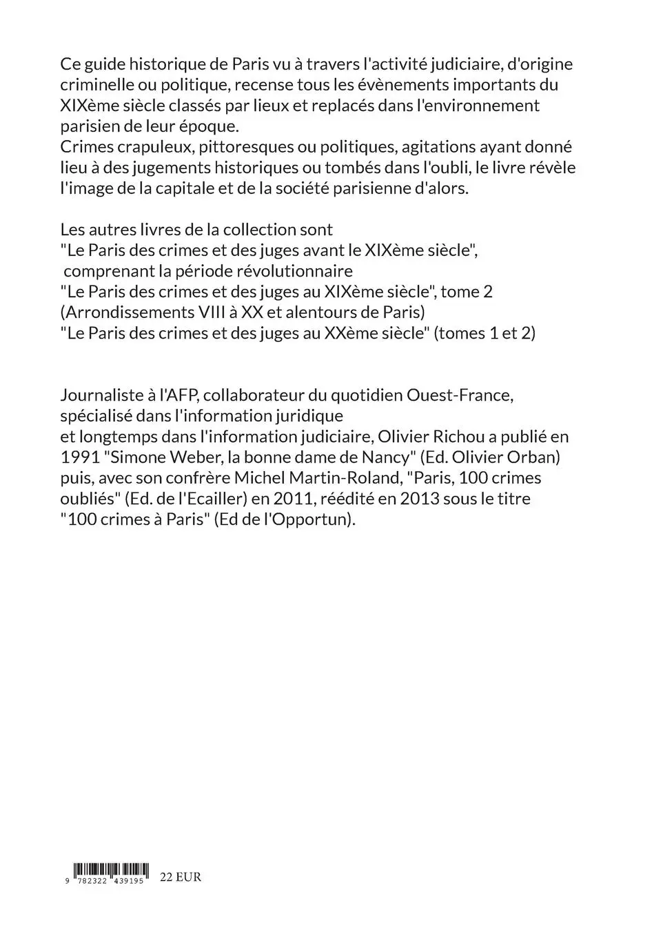 Rückseite: 9782322439195 | Le Paris criminel et judiciaire du XIXème siècle | Olivier Richou