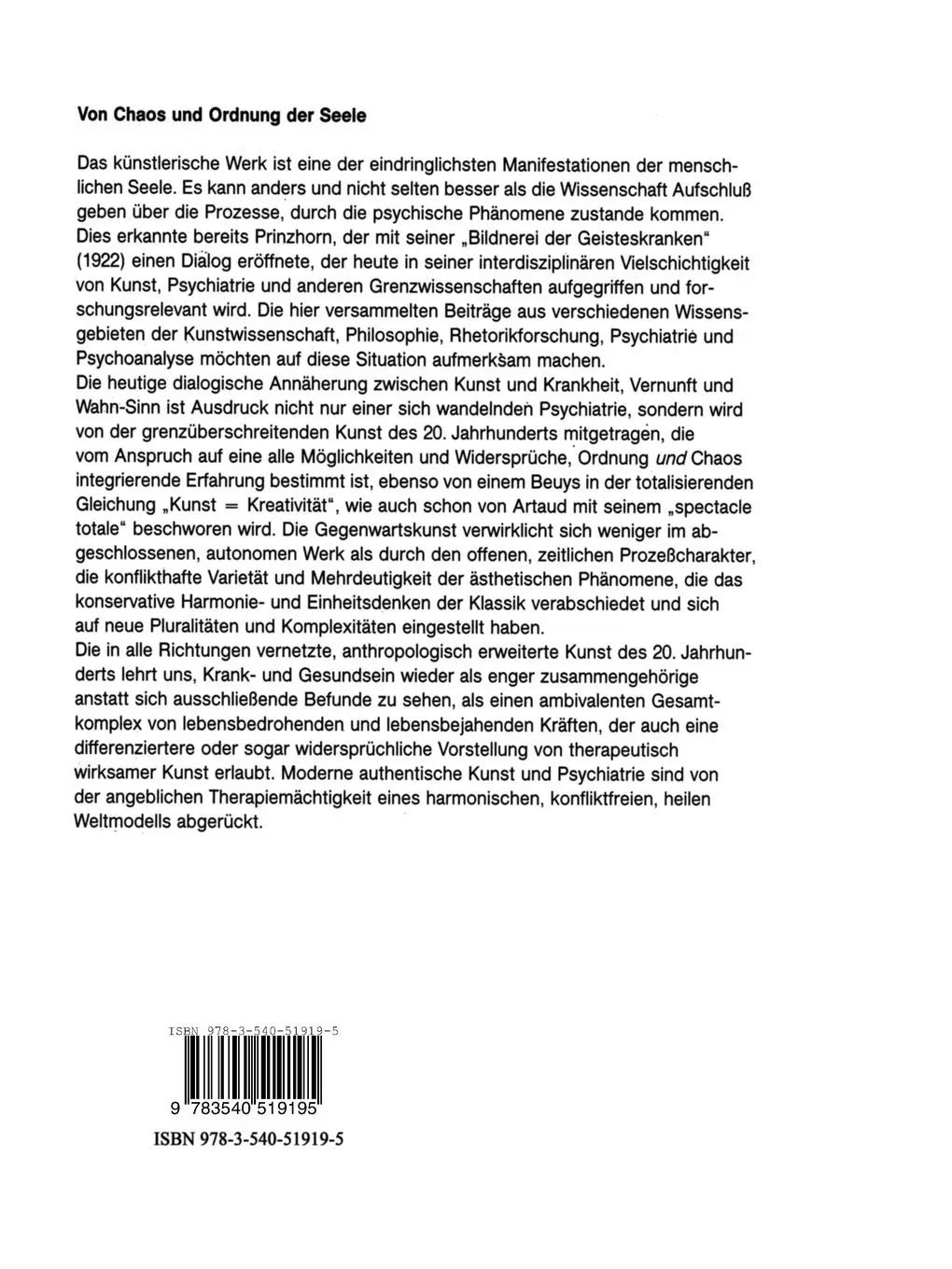 Rückseite: 9783540519195 | Von Chaos und Ordnung der Seele | Otto Benkert (u. a.) | Taschenbuch