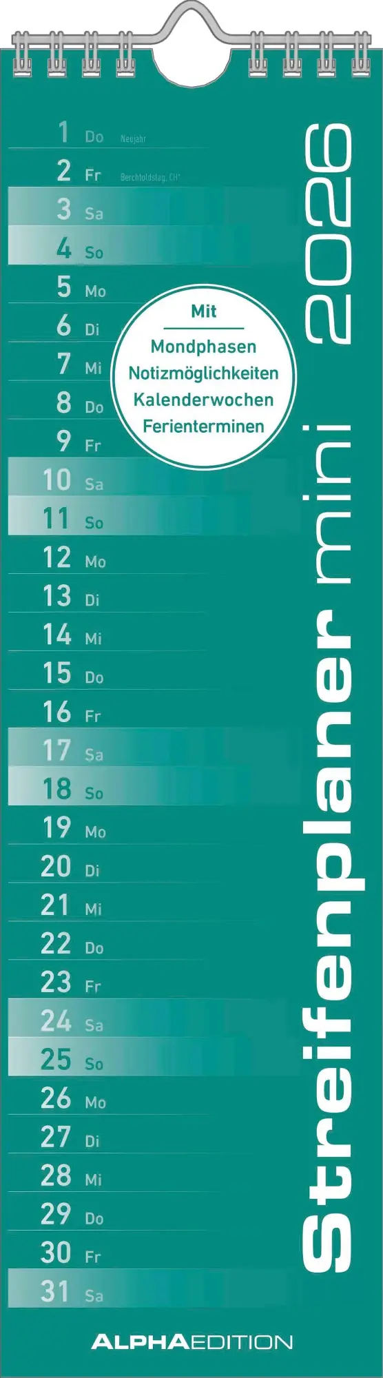 Cover: 4069095009295 | Streifenplaner Mini Mint 2026 - Streifen-Kalender 9,5x33 cm -...