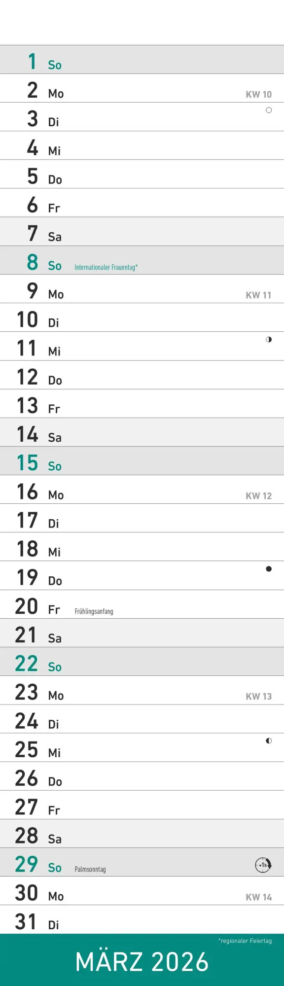 Bild: 4069095009295 | Streifenplaner Mini Mint 2026 - Streifen-Kalender 9,5x33 cm -...