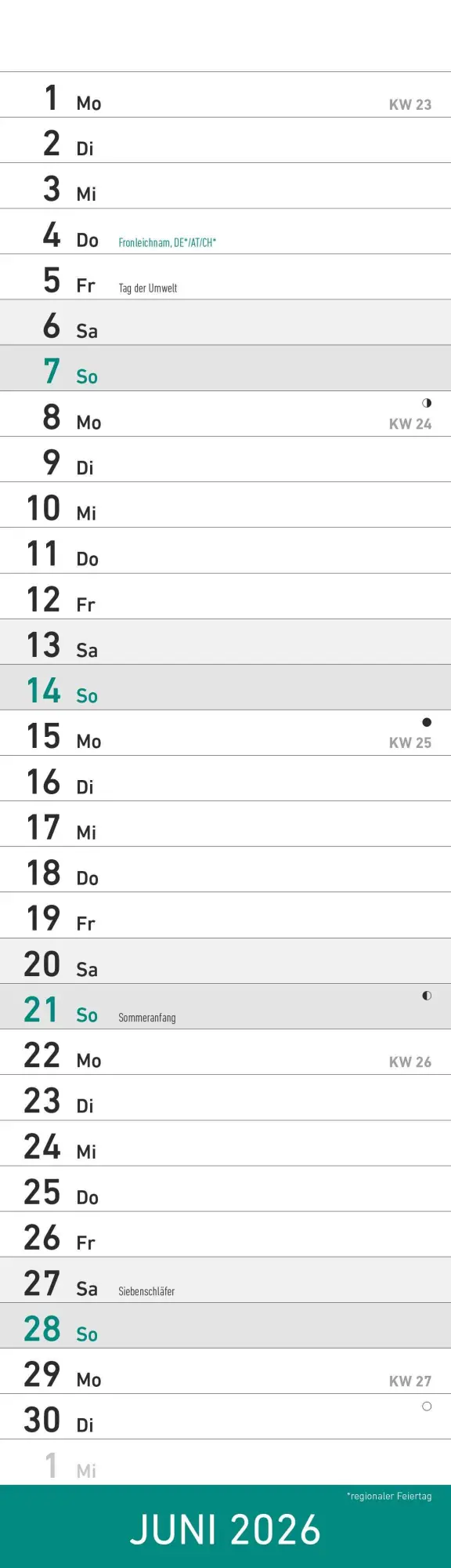 Bild: 4069095009295 | Streifenplaner Mini Mint 2026 - Streifen-Kalender 9,5x33 cm -...