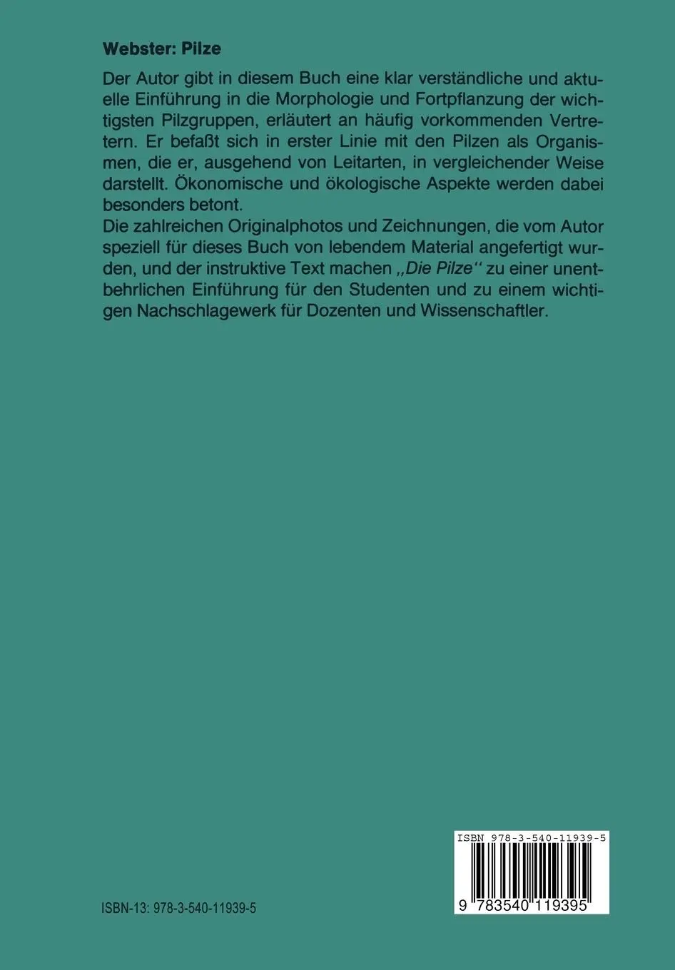 Rückseite: 9783540119395 | Pilze | Eine Einführung | J. Webster | Taschenbuch | xviii | Deutsch