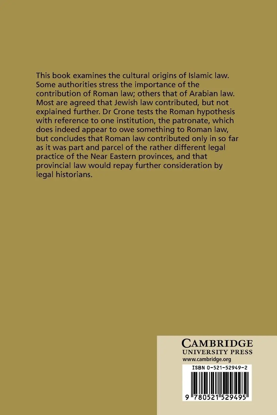 Rückseite: 9780521529495 | Roman, Provincial and Islamic Law | Patricia Crone (u. a.) | Buch
