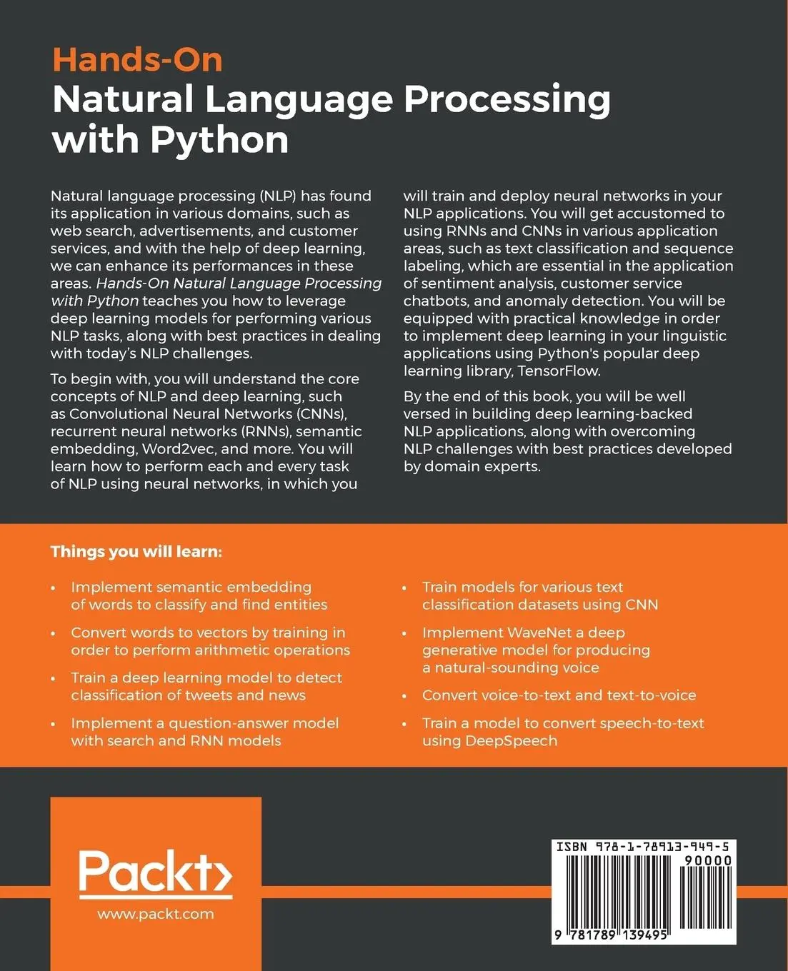 Rückseite: 9781789139495 | Hands-on Natural Language Processing with Python | Arumugam (u. a.)