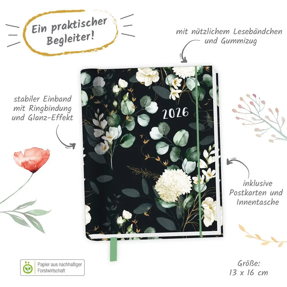 Bild: 4251901509895 | Trötsch Taschenkalender A6 Wire-O Motiv Blumen 2026 mit Postkarten