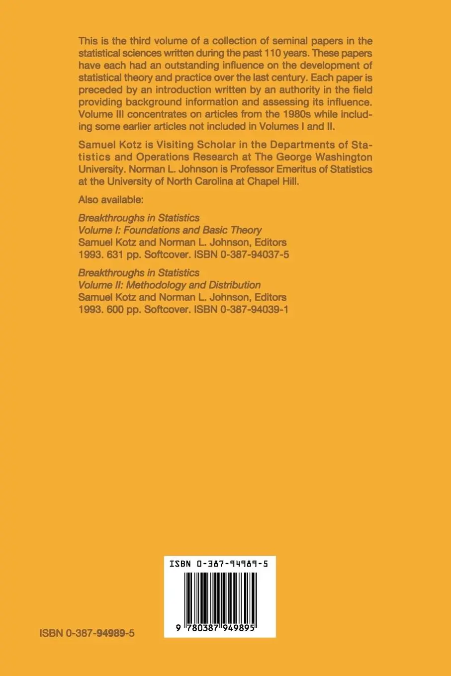 Rückseite: 9780387949895 | Breakthroughs in Statistics | Norman L. Johnson (u. a.) | Taschenbuch