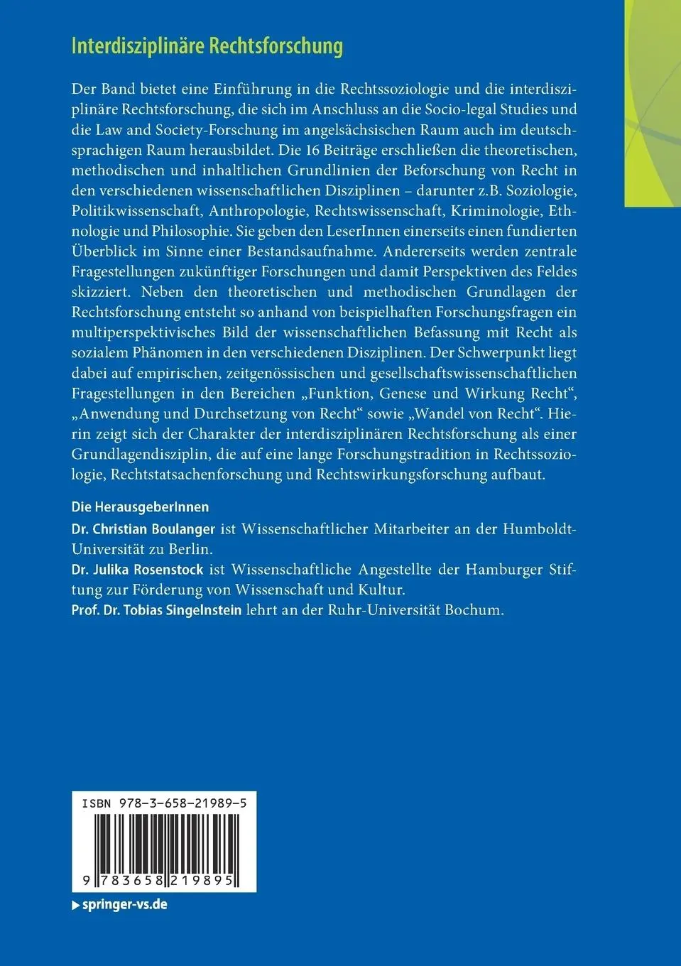 Rückseite: 9783658219895 | Interdisziplinäre Rechtsforschung | Christian Boulanger (u. a.) | Buch