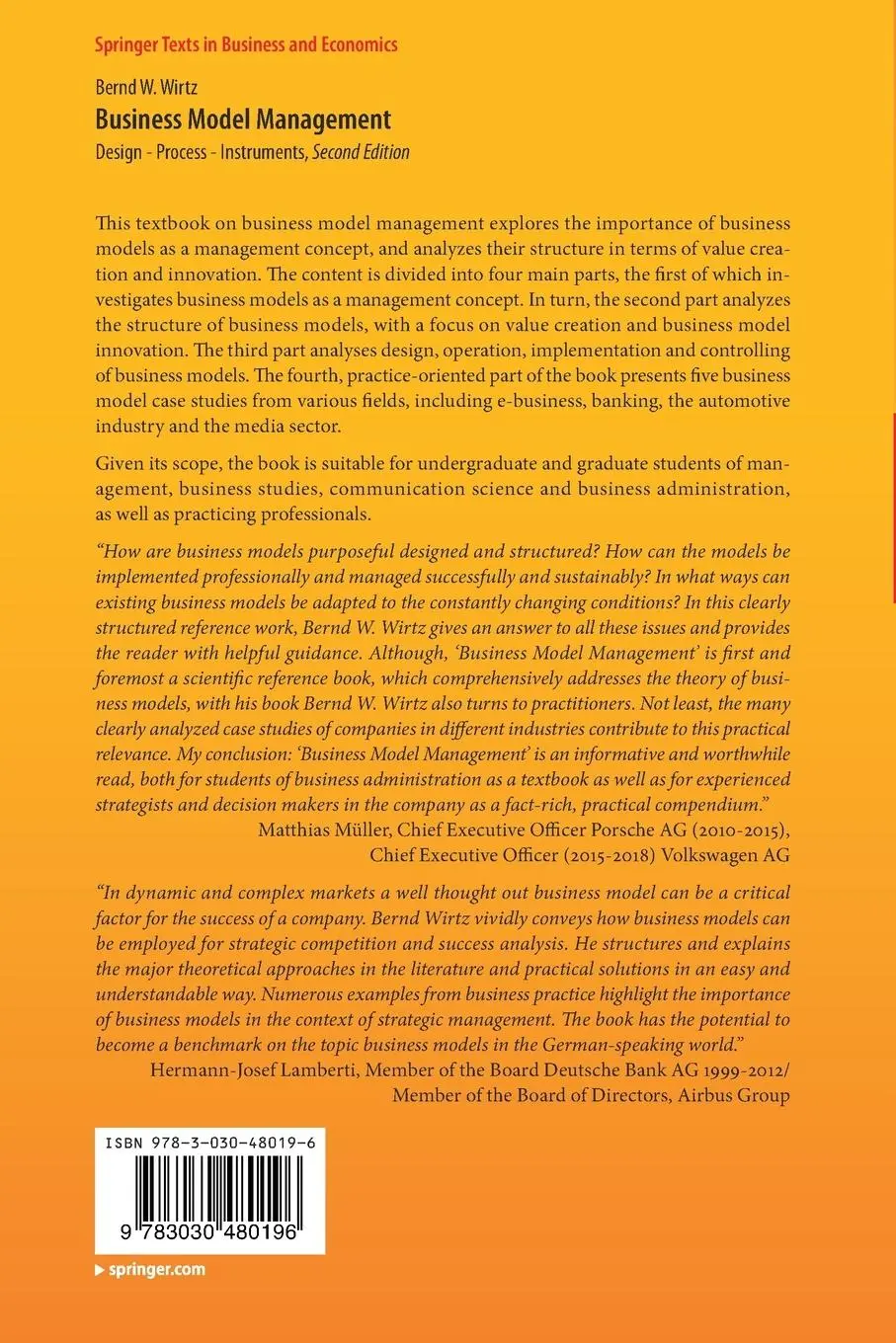 Rückseite: 9783030480196 | Business Model Management | Design - Process - Instruments | Wirtz