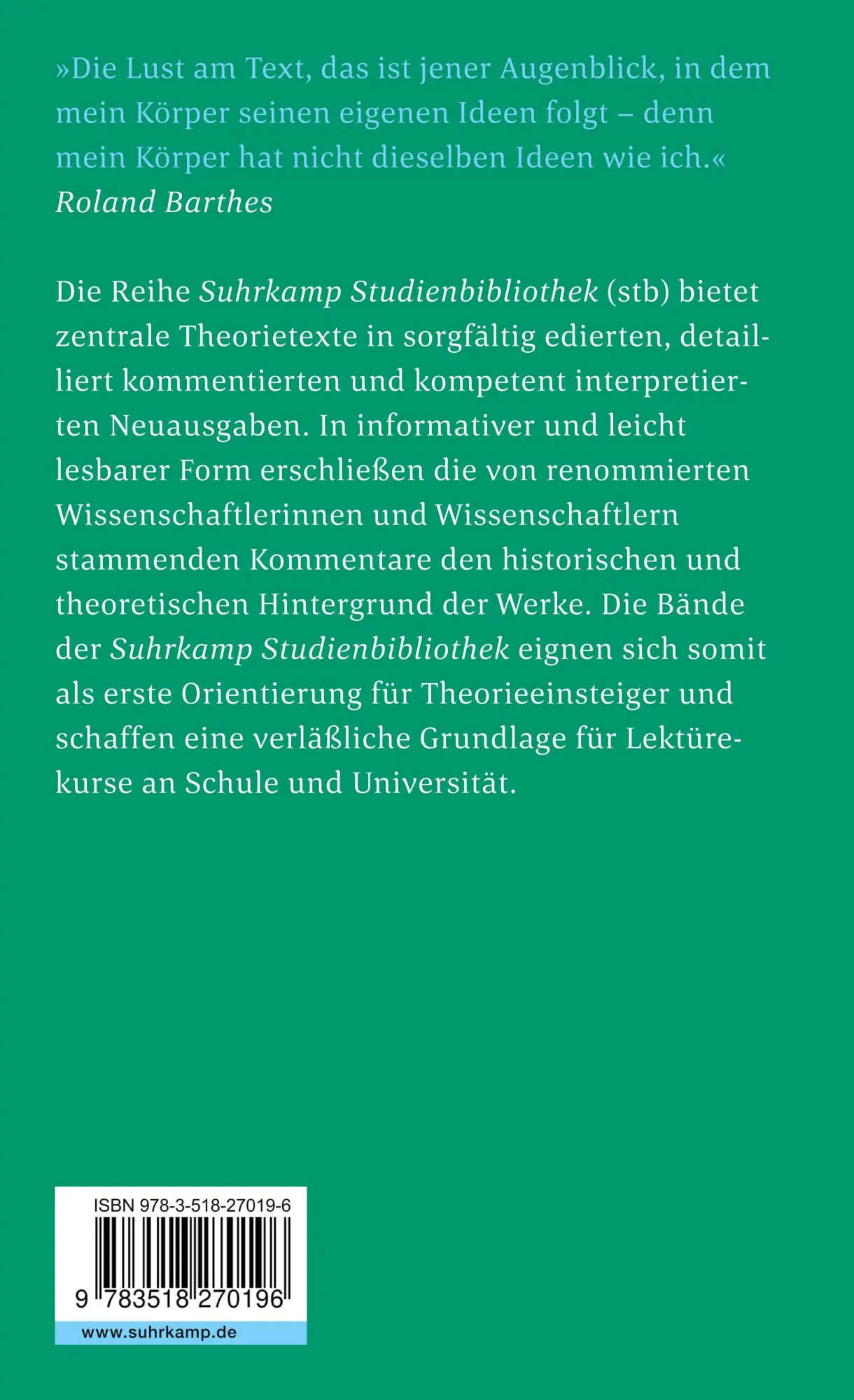 Rückseite: 9783518270196 | Die Lust am Text | Roland Barthes | Taschenbuch | 502 S. | Deutsch