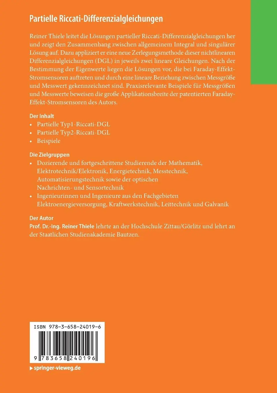 Rückseite: 9783658240196 | Partielle Riccati-Differenzialgleichungen | Reiner Thiele | Buch