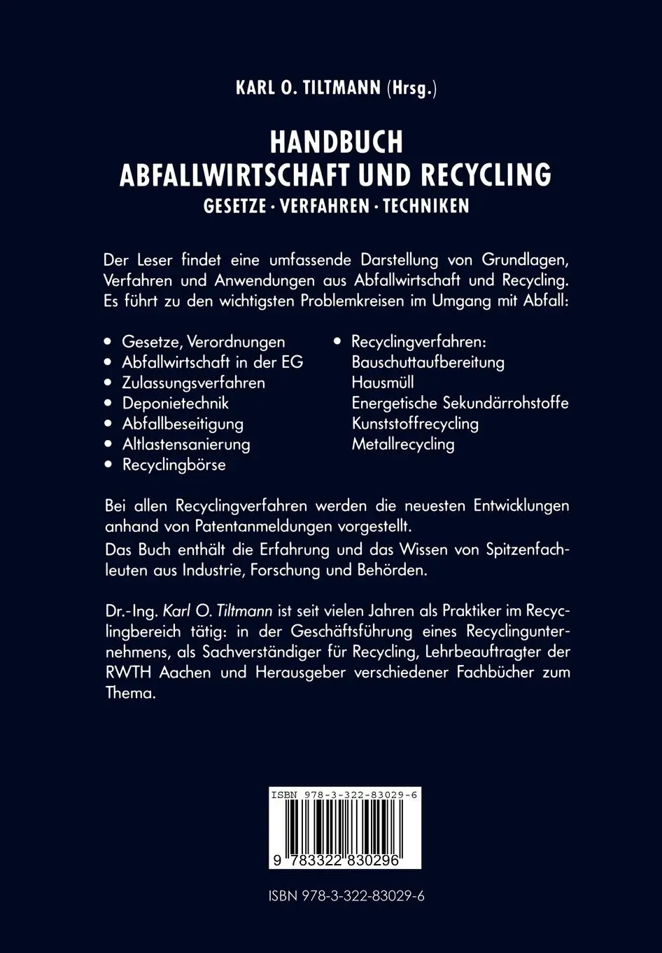 Rückseite: 9783322830296 | Handbuch Abfall Wirtschaft und Recycling | Karl O. Tiltmann | Buch