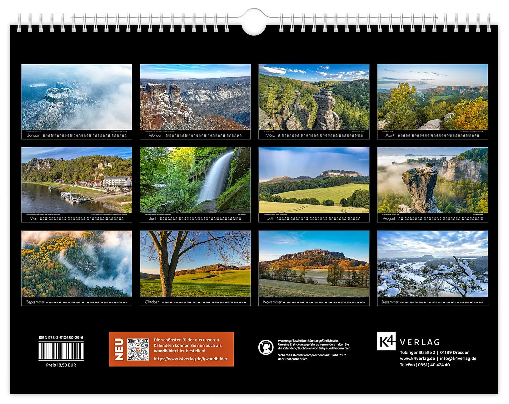 Bild: 9783910680296 | Kalender Sächsische Schweiz 2026 | 40 x 30 cm schwarzes Kalendarium