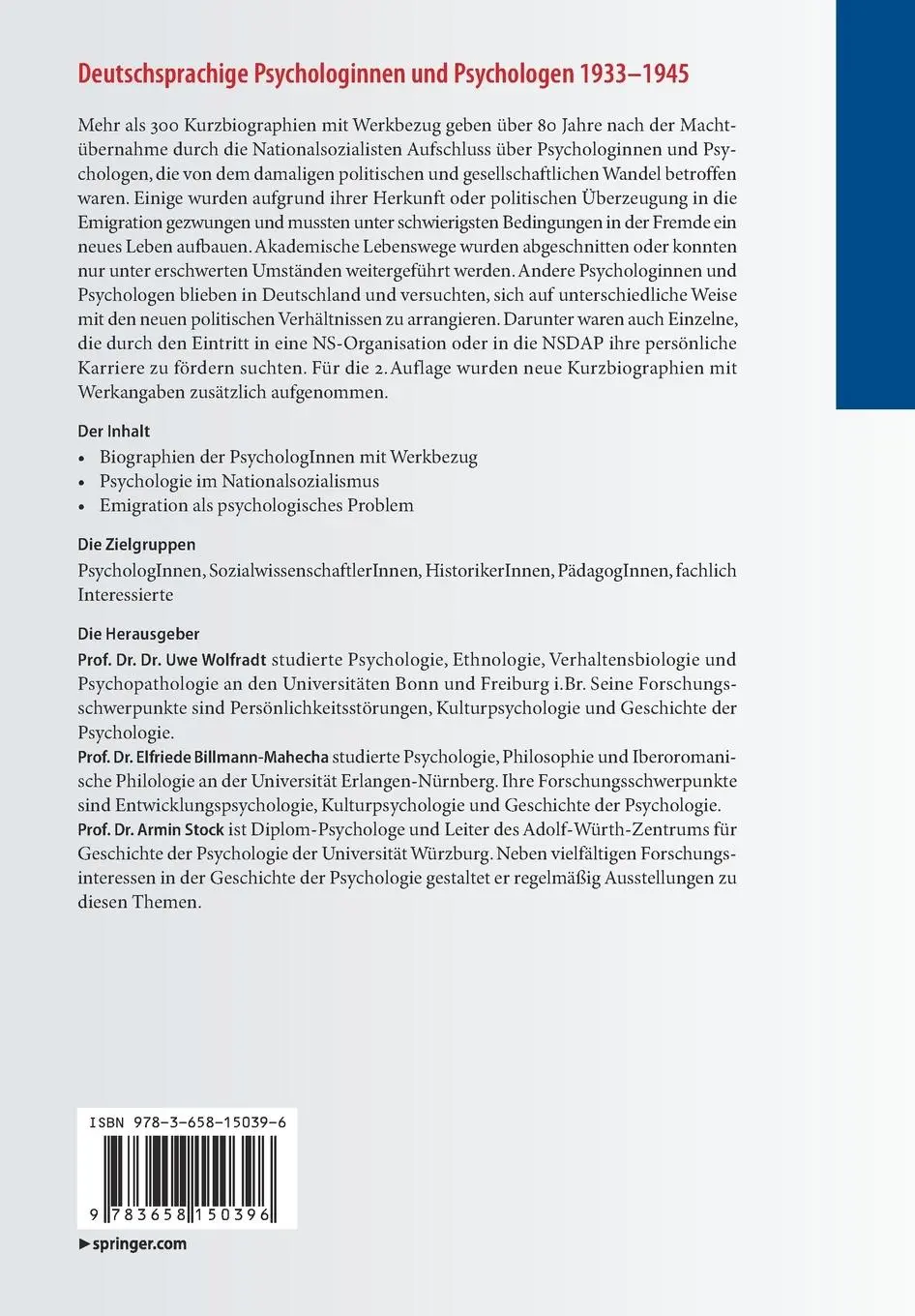 Rückseite: 9783658150396 | Deutschsprachige Psychologinnen und Psychologen 1933-1945 | Buch | XV