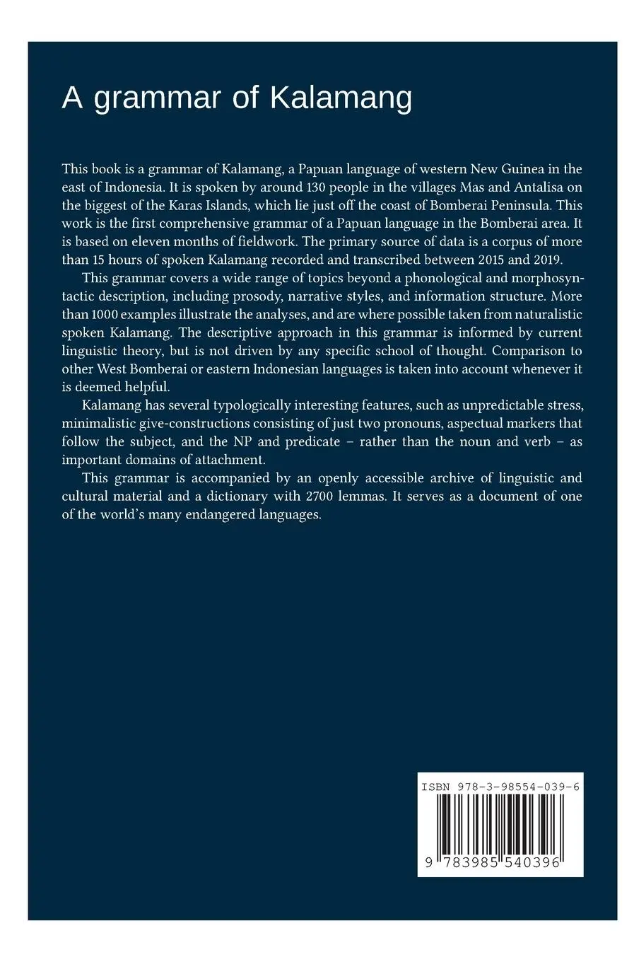 Rückseite: 9783985540396 | A grammar of Kalamang | Eline Visser | Buch | Englisch | 2022