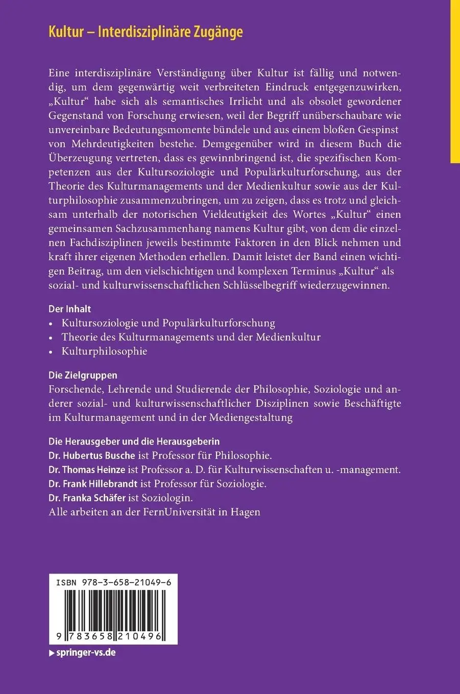Rückseite: 9783658210496 | Kultur - Interdisziplinäre Zugänge | Hubertus Busche (u. a.) | Buch