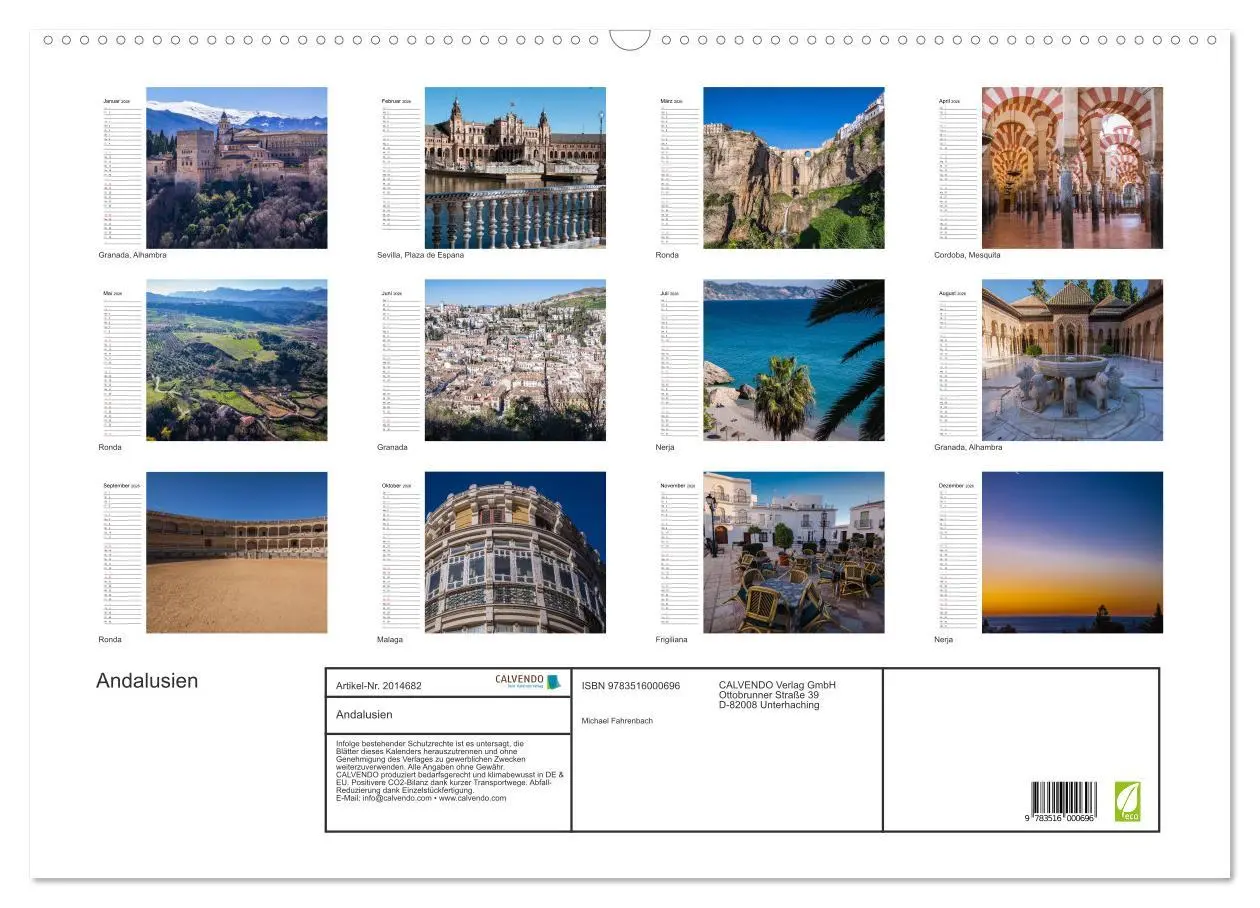 Bild: 9783516000696 | Andalusien (Wandkalender 2026 DIN A2 quer), CALVENDO Monatskalender