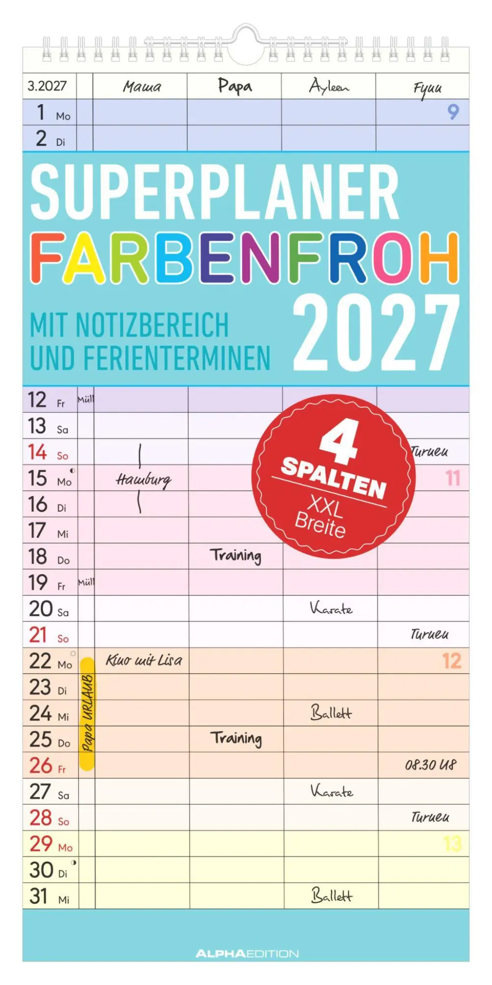 Cover: 4069095010796 | Superplaner Farbenfroh - 4 Spalten 2027 | Neumann Verlage GmbH &amp; Co KG