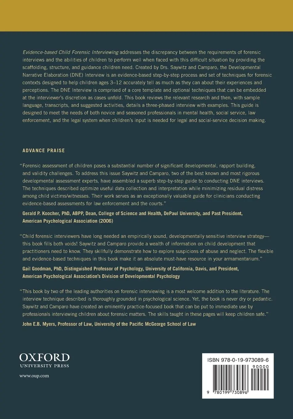 Rückseite: 9780199730896 | Evidence-Based Child Forensic Interviewing | Karen J. Saywitz (u. a.)