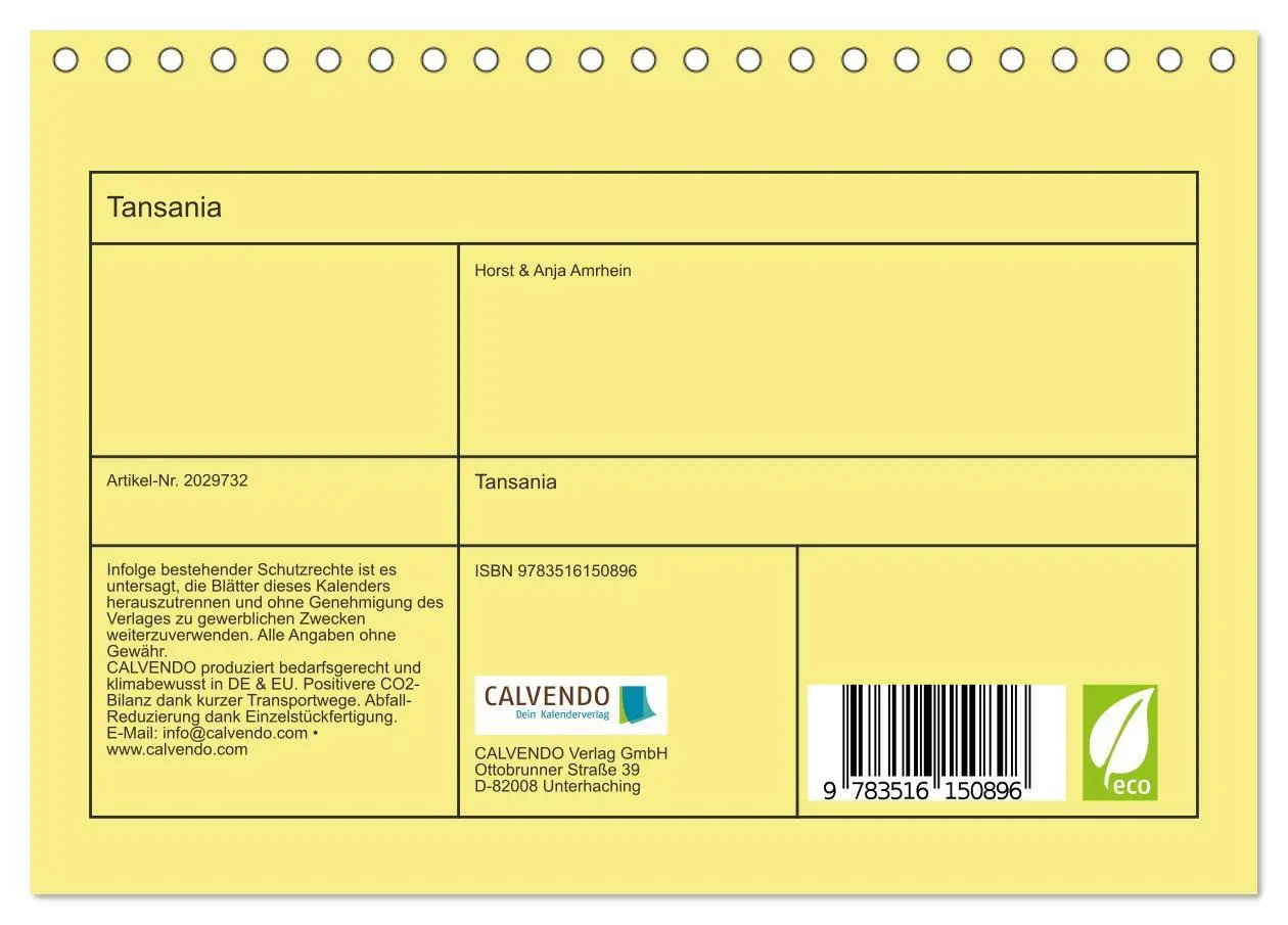 Bild: 9783516150896 | Tansania (Tischkalender 2026 DIN A5 quer), CALVENDO Monatskalender