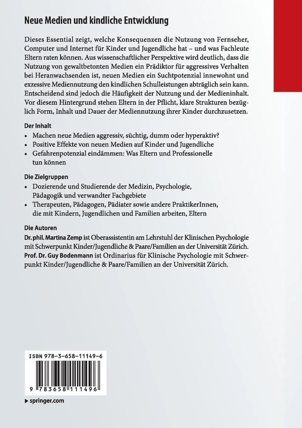 Rückseite: 9783658111496 | Neue Medien und kindliche Entwicklung | Guy Bodenmann (u. a.) | Buch