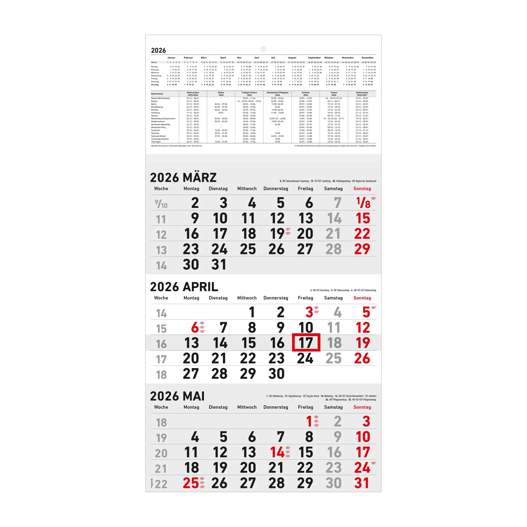 Cover: 4069095001596 | 3-Monatskalender 2026 - 23,7x44,8 schwarz/rot - mit Motiv -...