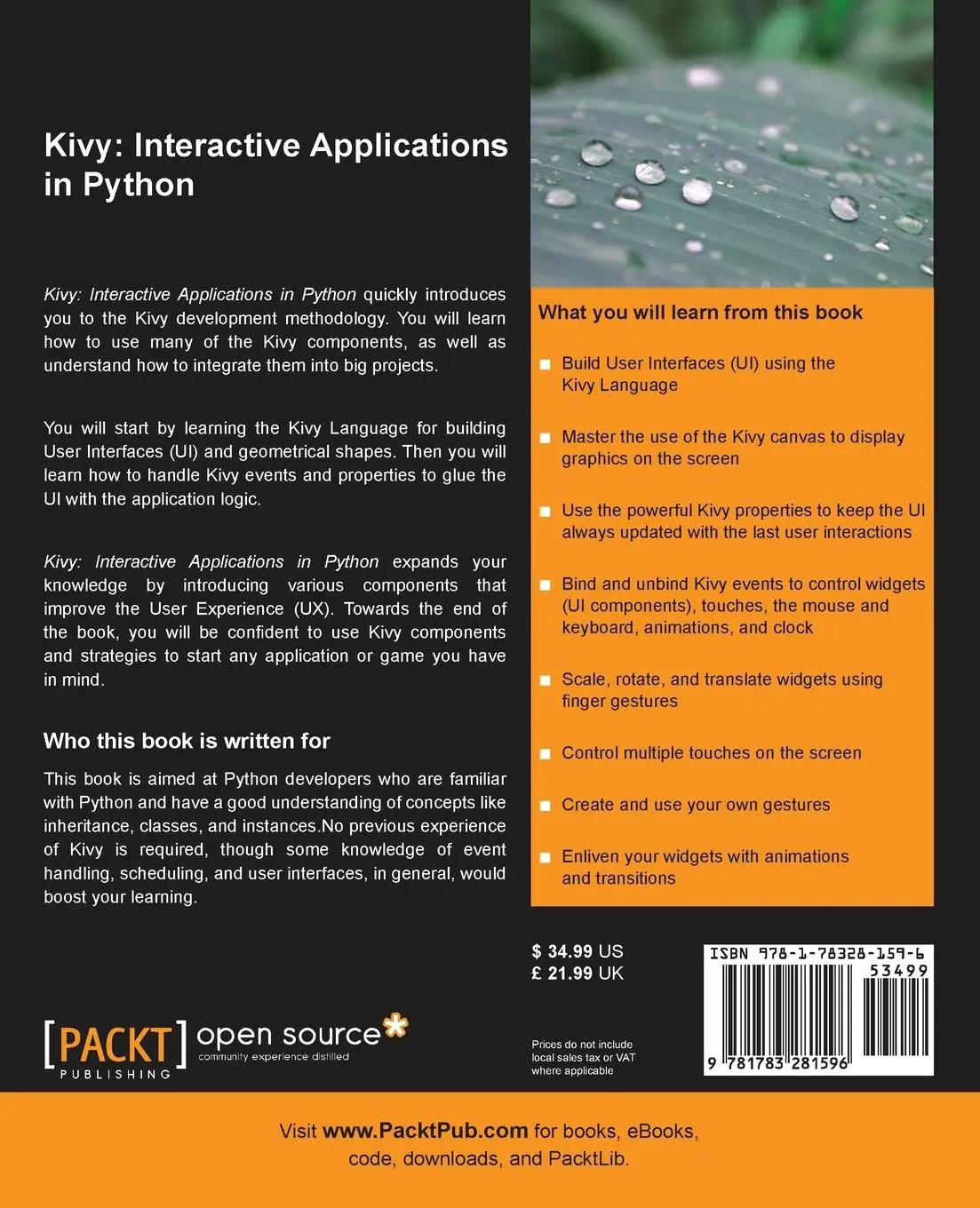 Rückseite: 9781783281596 | Kivy | Interactive Applications in Python | Tbd | Taschenbuch | 2013