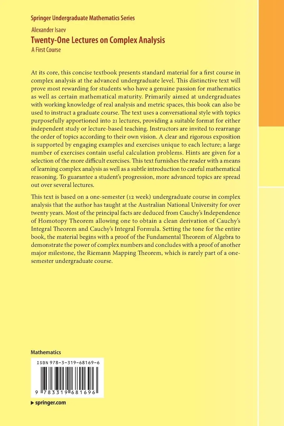 Rückseite: 9783319681696 | Twenty-One Lectures on Complex Analysis | A First Course | Isaev | xii