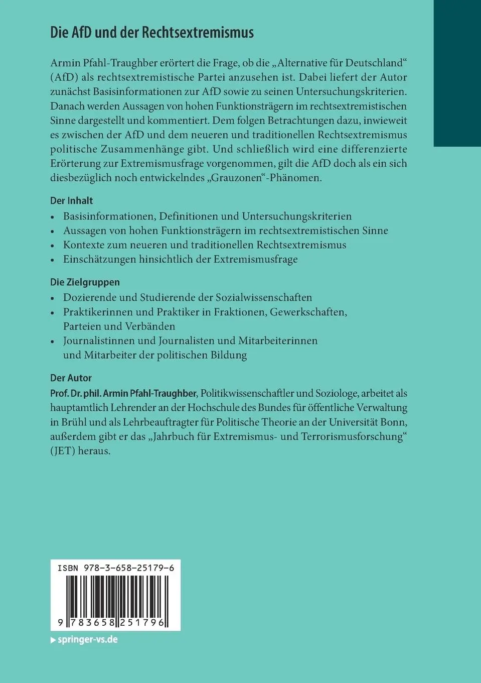 Rückseite: 9783658251796 | Die AfD und der Rechtsextremismus | Armin Pfahl-Traughber | Buch