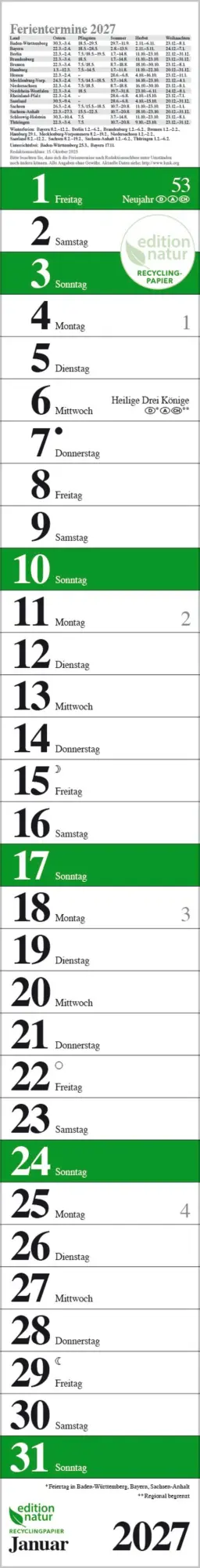 Cover: 9783819301896 | Streifenplaner Praktika Grün Recyclingpapier 2027 | Verlag Korsch