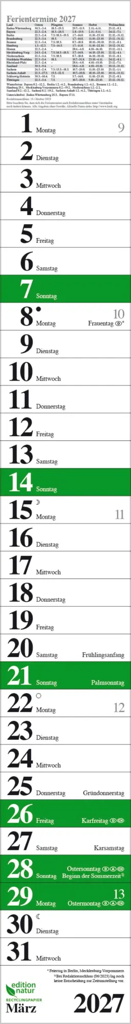 Bild: 9783819301896 | Streifenplaner Praktika Grün Recyclingpapier 2027 | Verlag Korsch