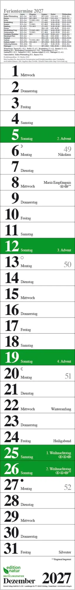 Bild: 9783819301896 | Streifenplaner Praktika Grün Recyclingpapier 2027 | Verlag Korsch