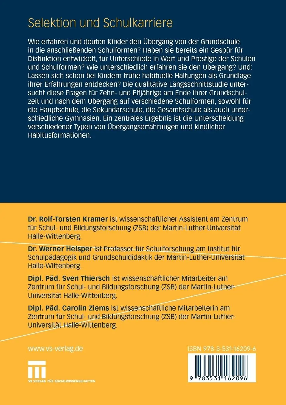 Rückseite: 9783531162096 | Selektion und Schulkarriere | Rolf-Torsten Kramer (u. a.) | Buch