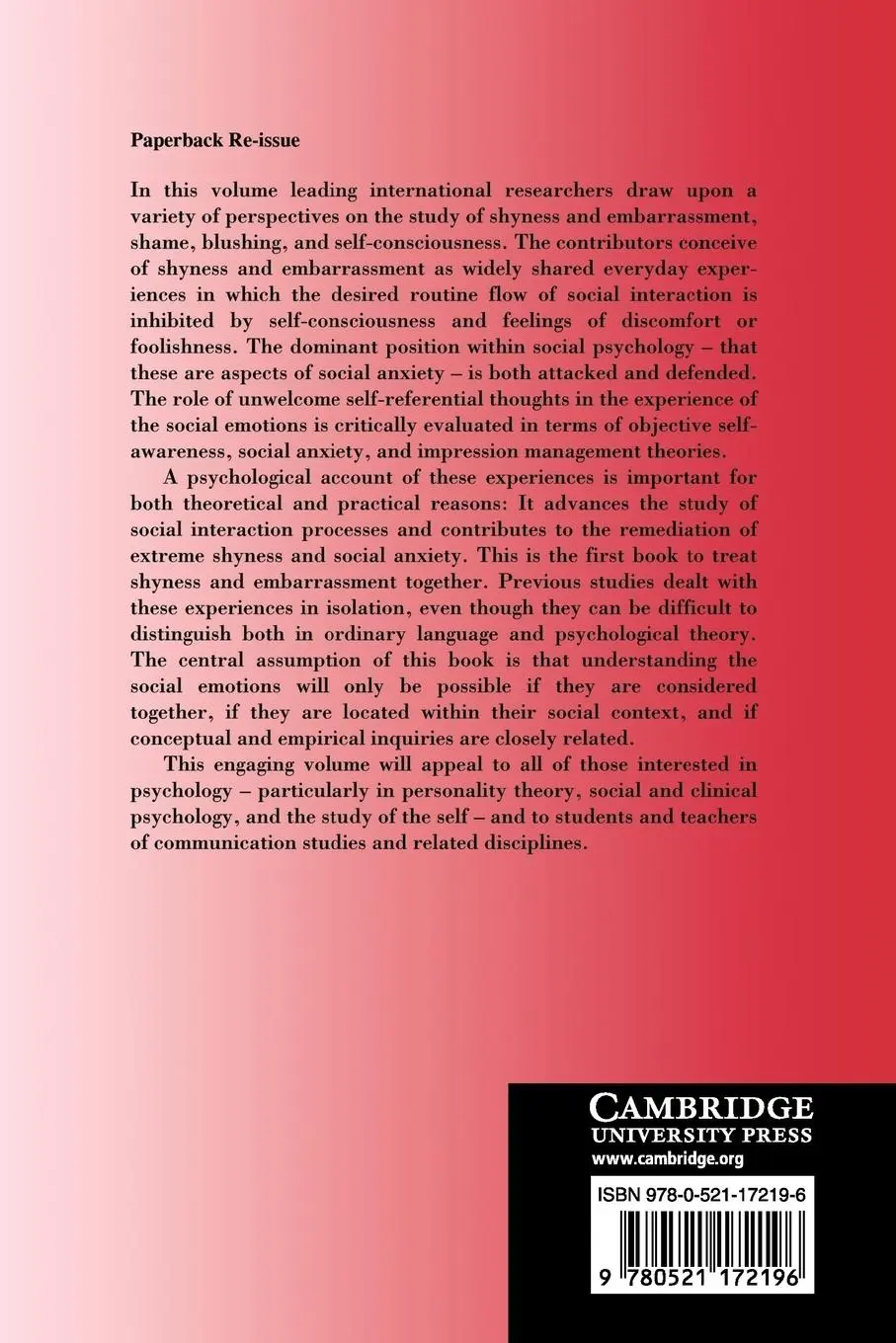 Rückseite: 9780521172196 | Shyness and Embarrassment | Perspectives from Social Psychology | Buch