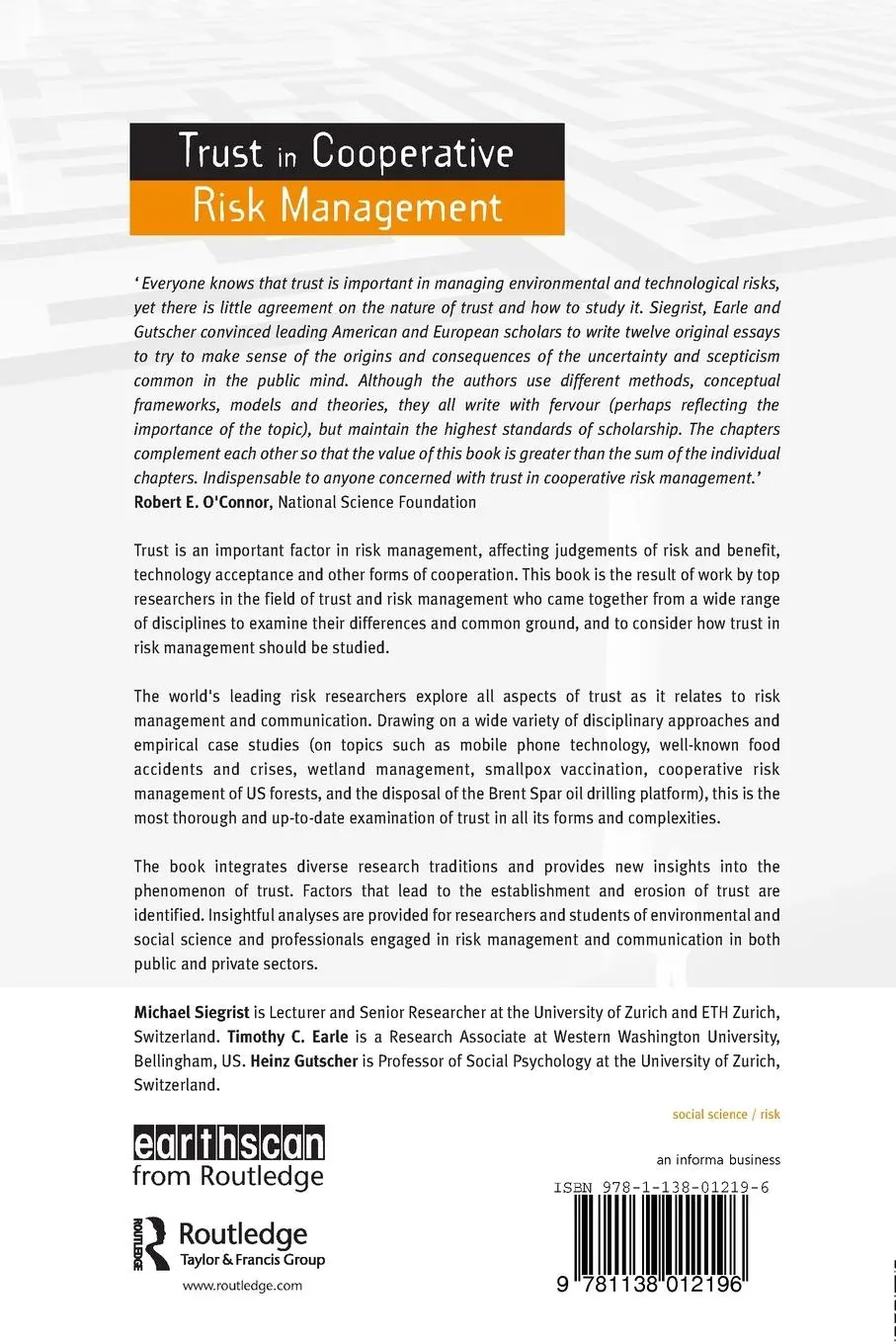 Rückseite: 9781138012196 | Trust in Cooperative Risk Management | Timothy C. Earle | Taschenbuch