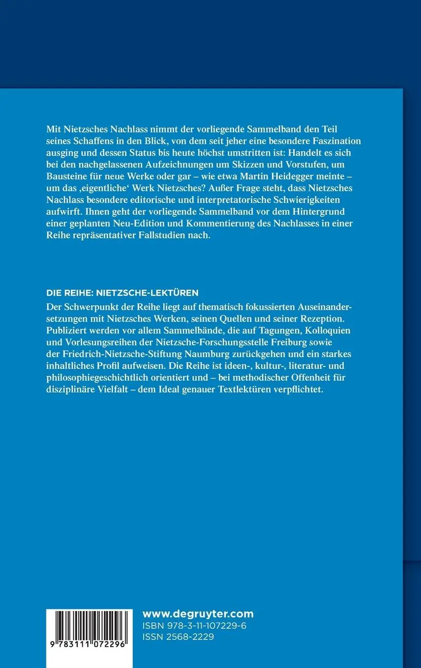 Rückseite: 9783111072296 | Nietzsches Nachlass | Barbara Beßlich (u. a.) | Buch | VIII | Deutsch