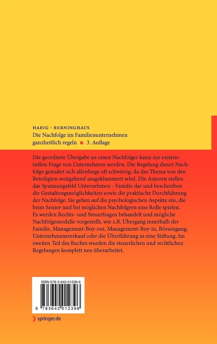 Rückseite: 9783642012396 | Die Nachfolge im Familienunternehmen ganzheitlich regeln | Buch | xii
